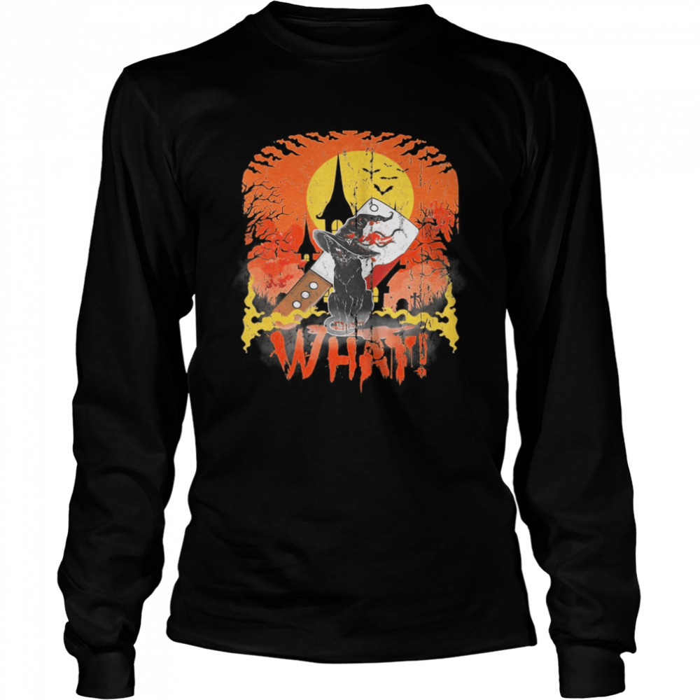 Black Cat With Knife What Halloween Cat Lover  Long Sleeved T-shirt