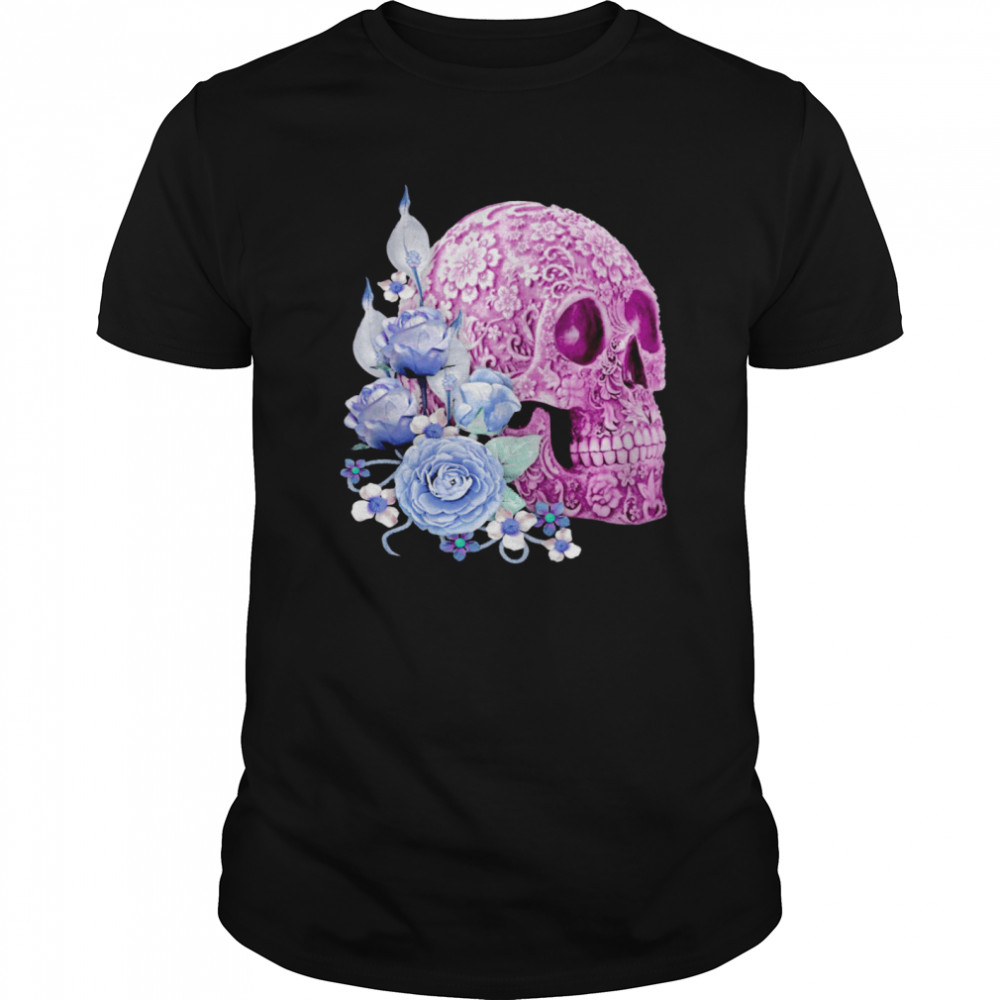 Cool Pink Floral Blue Flowers Skull shirt