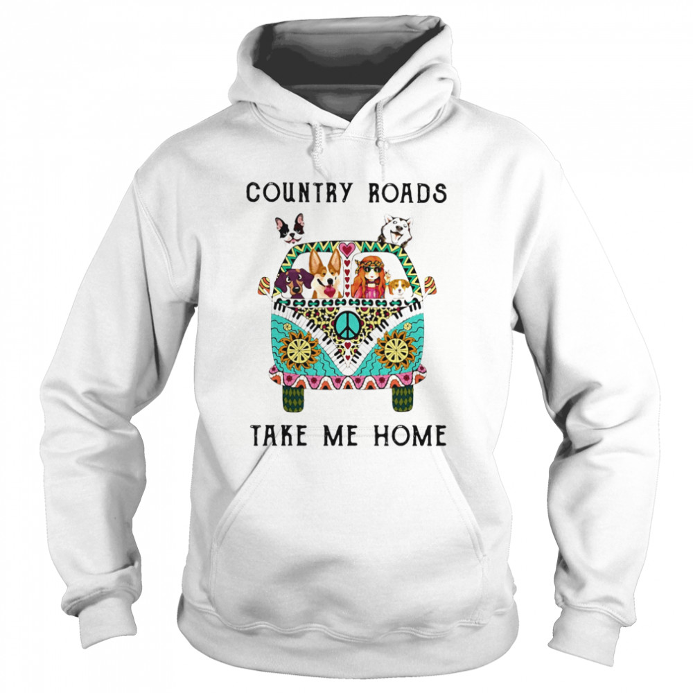 Country Roads Take Me Home Hippie Peace Car Girl And Dogs  Unisex Hoodie