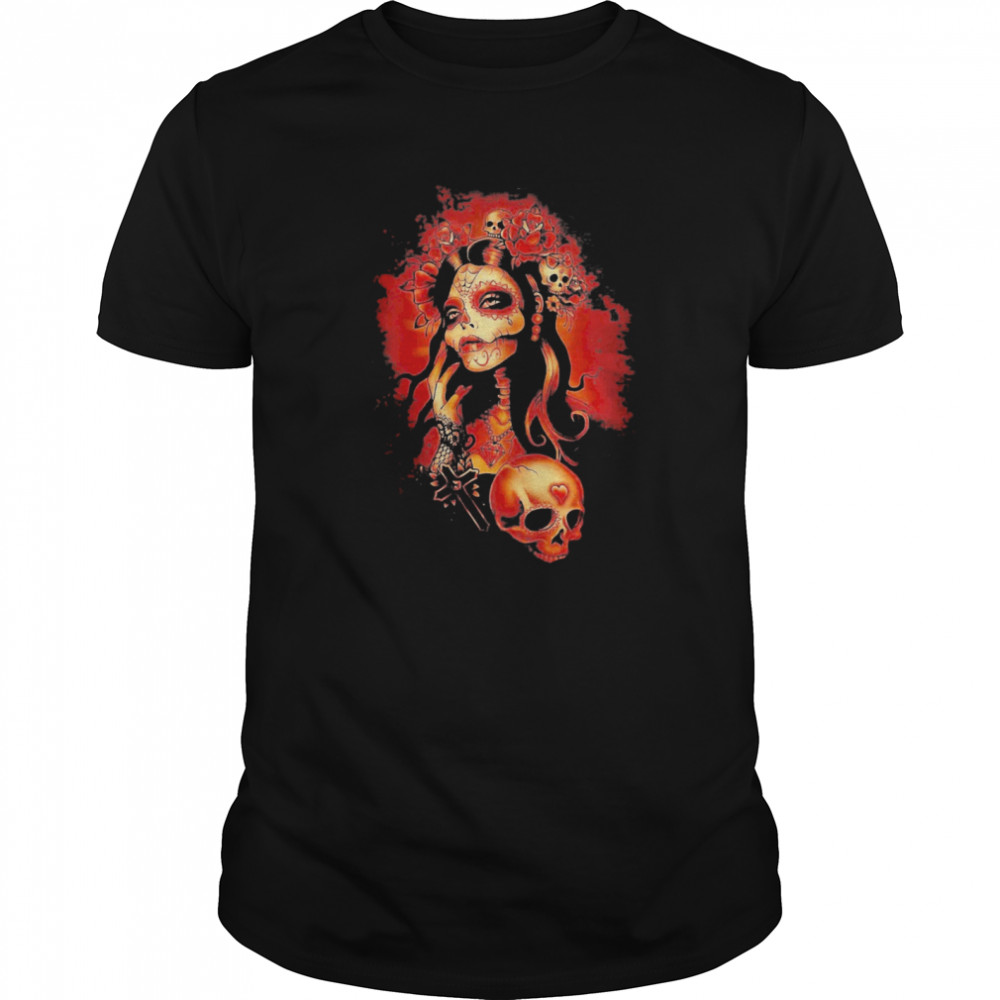 Day Of The Dead Sugar Skull Girl With Rose Tattoo Halloween shirt