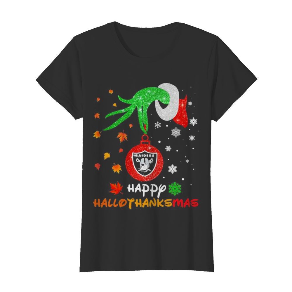 Grinch holding las vegas raiders logo happy hallothanksmas halloween thanksgiving christmas  Classic Women's T-shirt