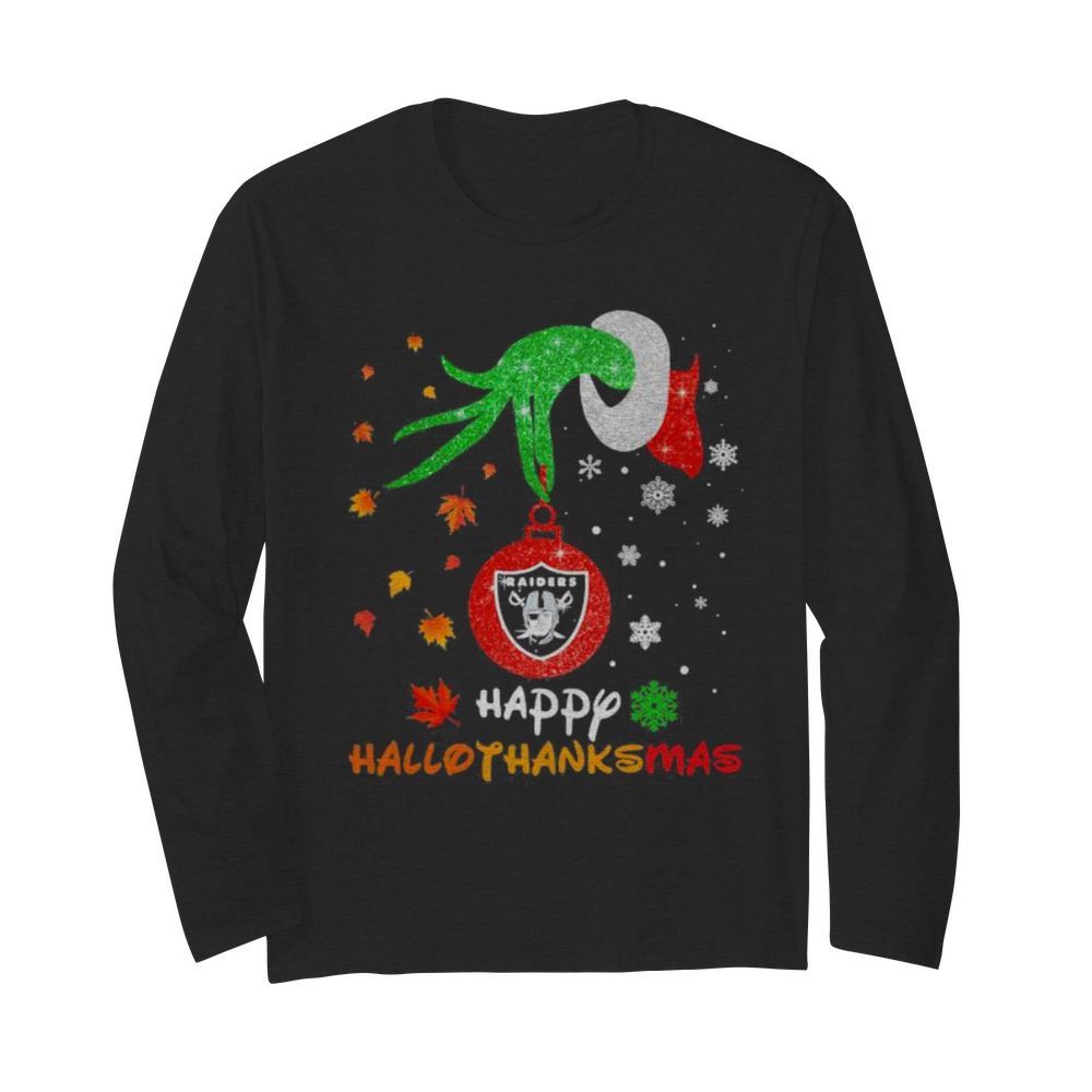 Grinch holding las vegas raiders logo happy hallothanksmas halloween thanksgiving christmas  Long Sleeved T-shirt 