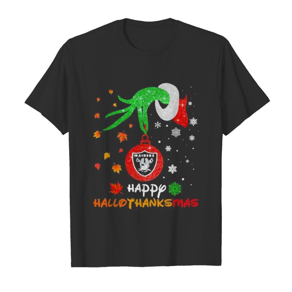 Grinch holding las vegas raiders logo happy hallothanksmas halloween thanksgiving christmas  Classic Men's T-shirt