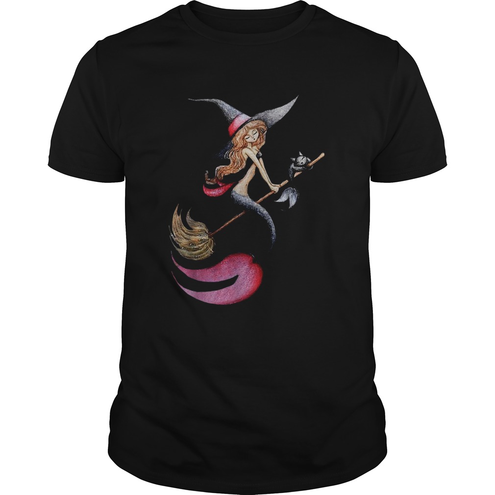 Halloween Witch Mermaid Is Riding A Broom WIth Her Cat shirt