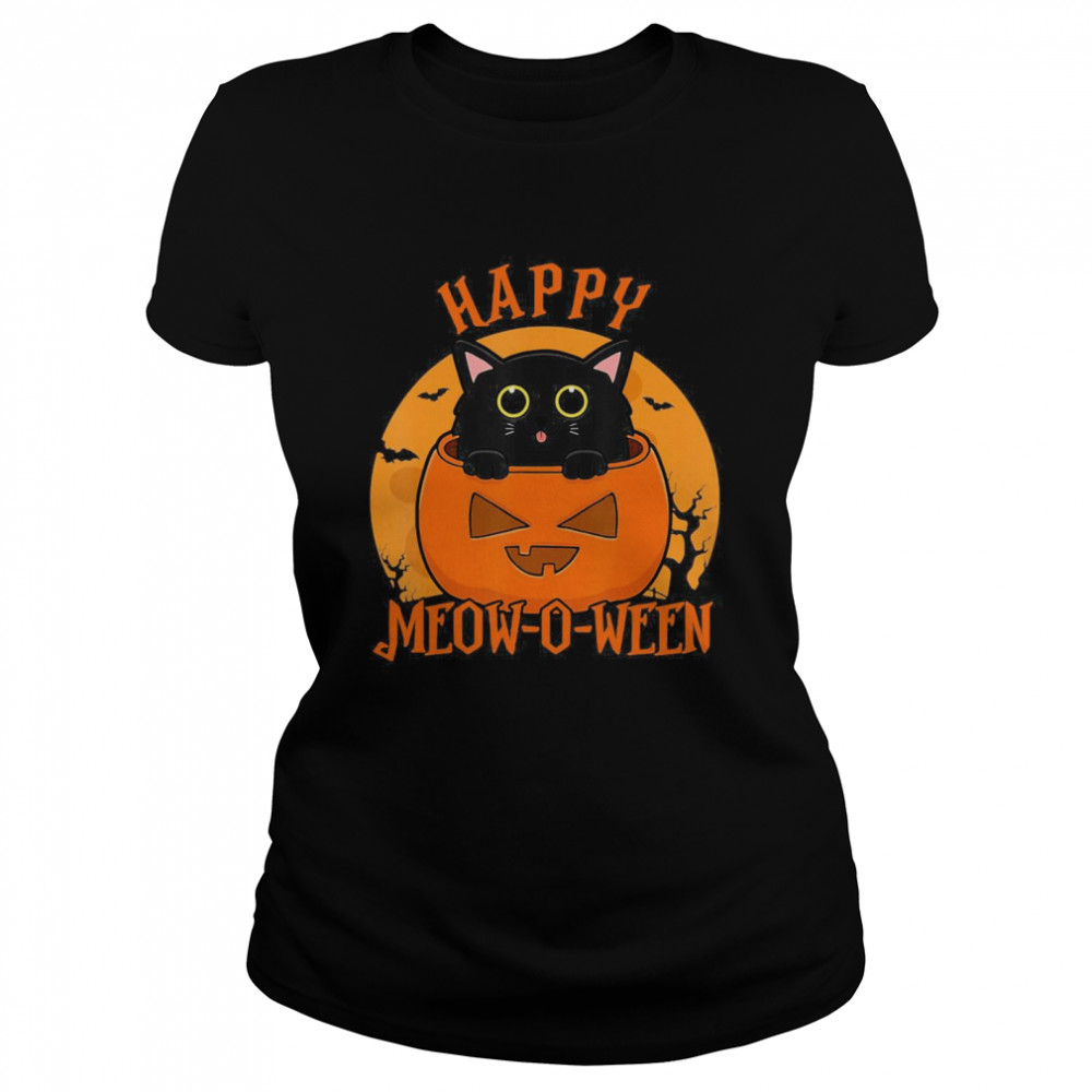 Happy Halloween Meowoween Black Cat  Classic Women's T-shirt