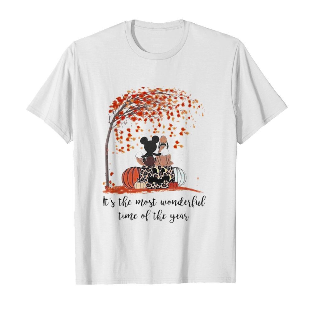 Mickey mouse and pluto it’s the most wonderful time of the year leaves tree pumpkins leopard shirt