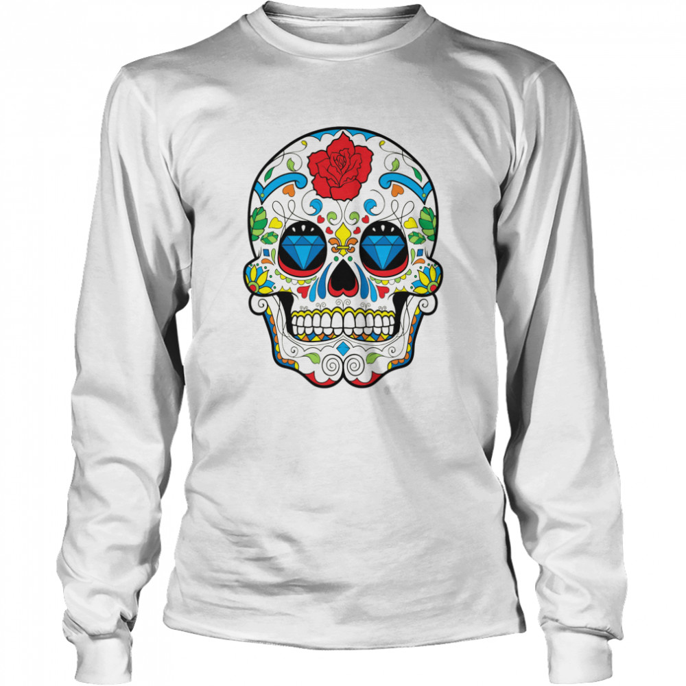 Retro Floral Sugar Skull Day Of The Dead  Long Sleeved T-shirt