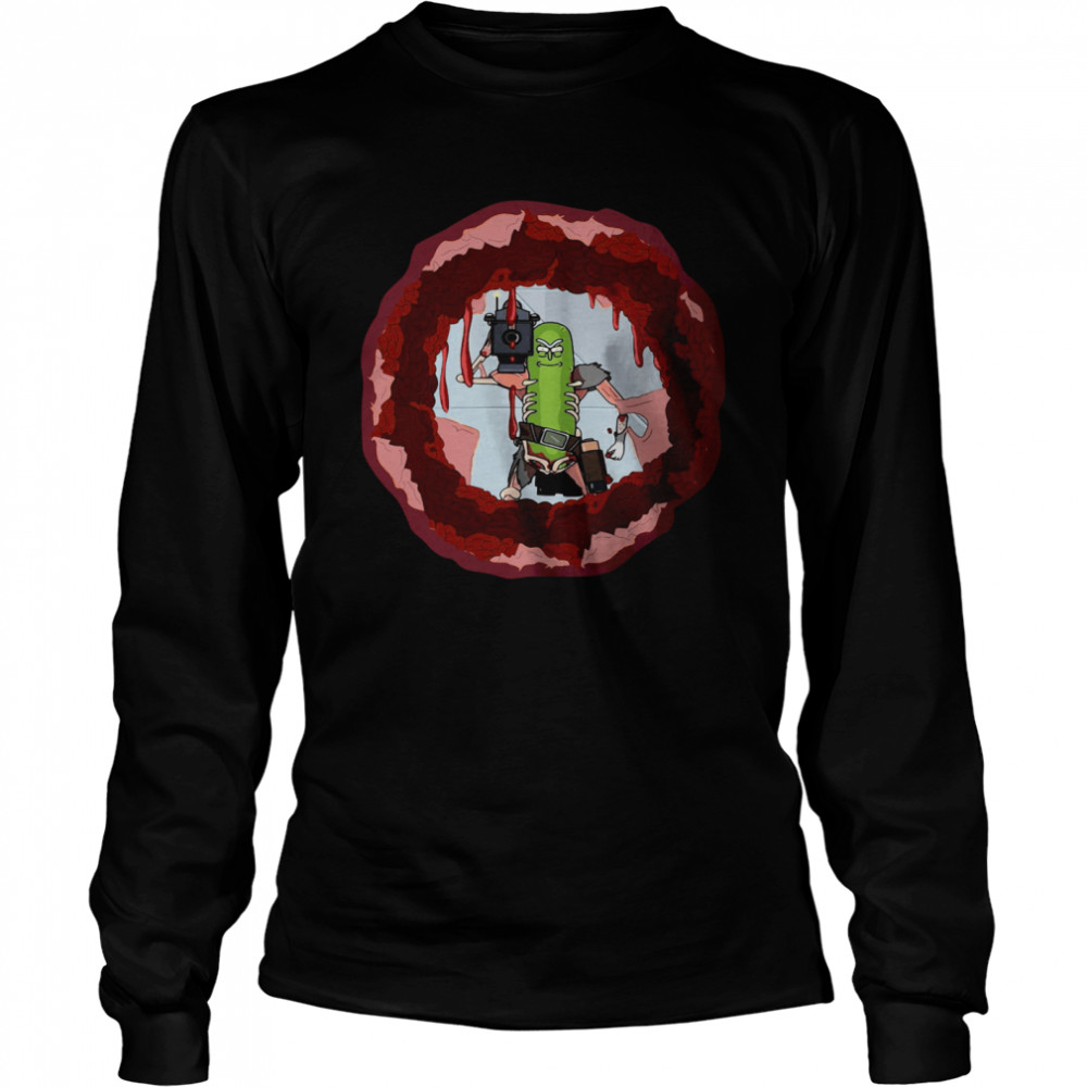 Rick And Morty Badass Pickle Rick Blow A Hole In The Chest  Long Sleeved T-shirt