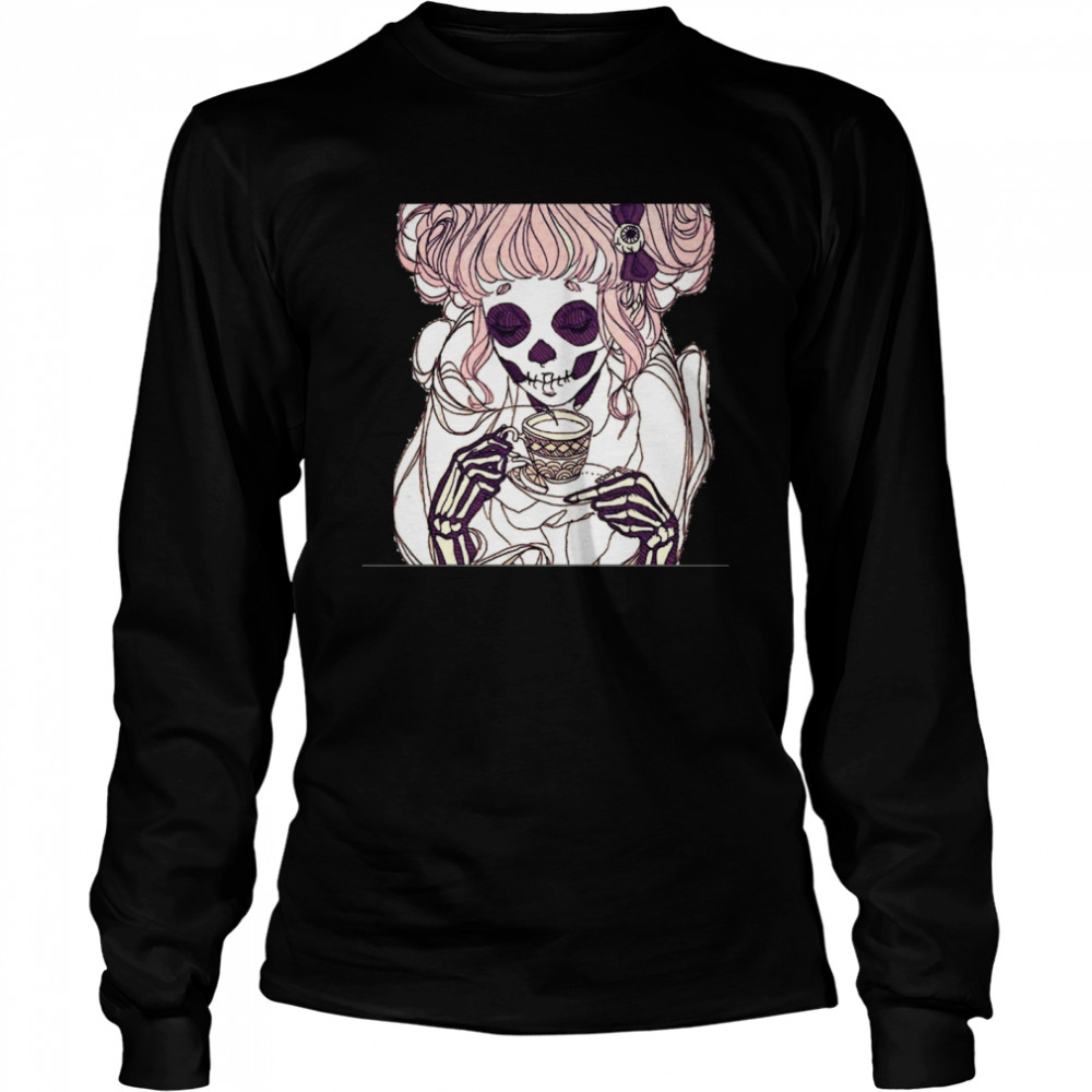 Skeleton Woman Drinking Coffee Lover  Long Sleeved T-shirt