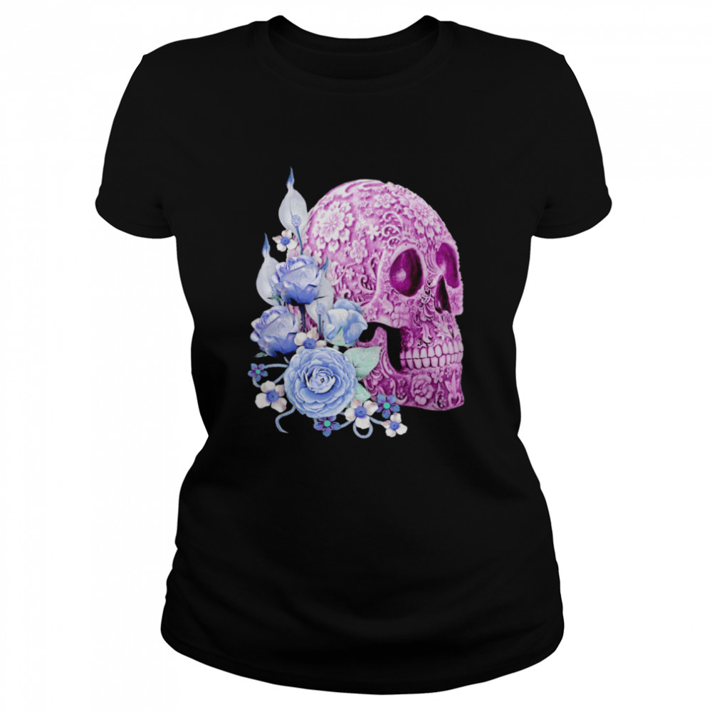 Skull Day Of The Dead Blue Flowers  Classic Women's T-shirt