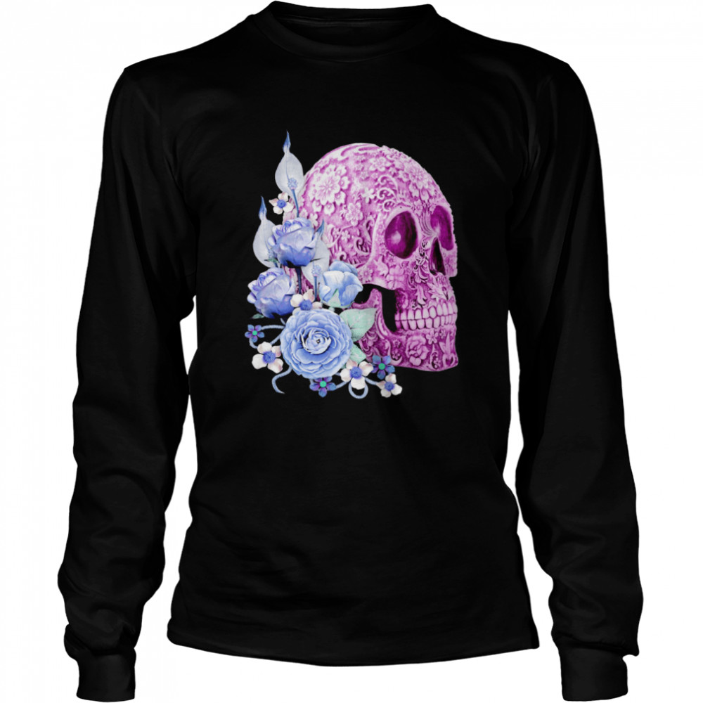 Skull Day Of The Dead Blue Flowers  Long Sleeved T-shirt