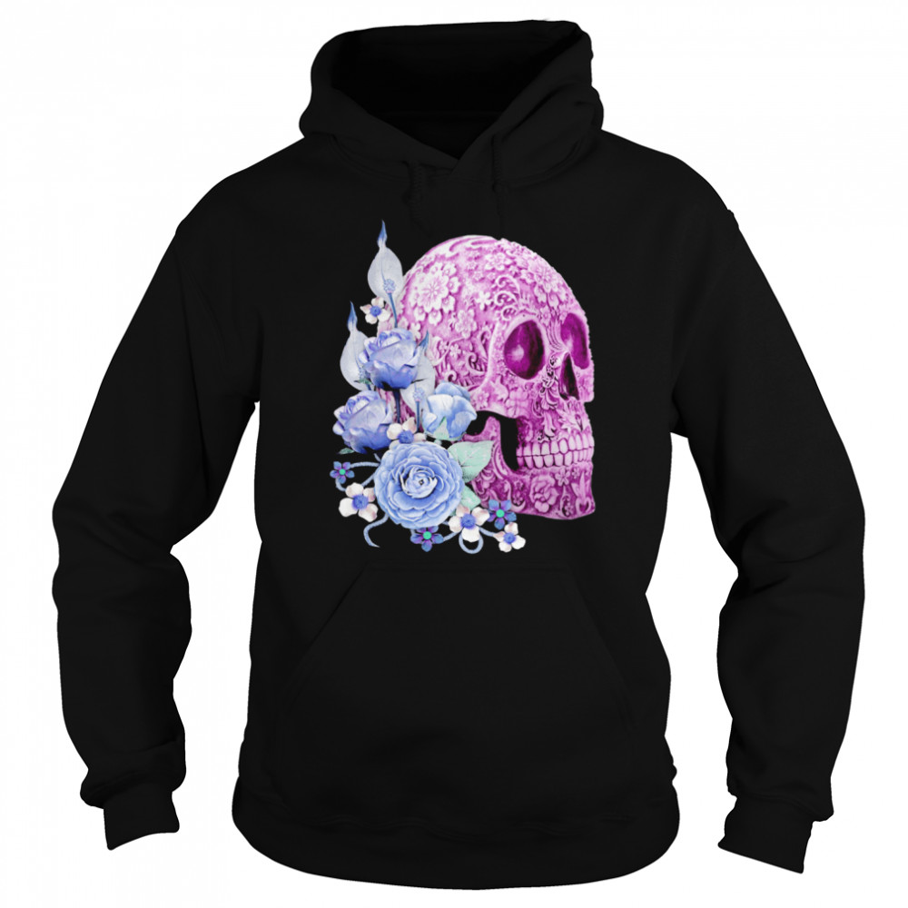 Skull Day Of The Dead Blue Flowers  Unisex Hoodie