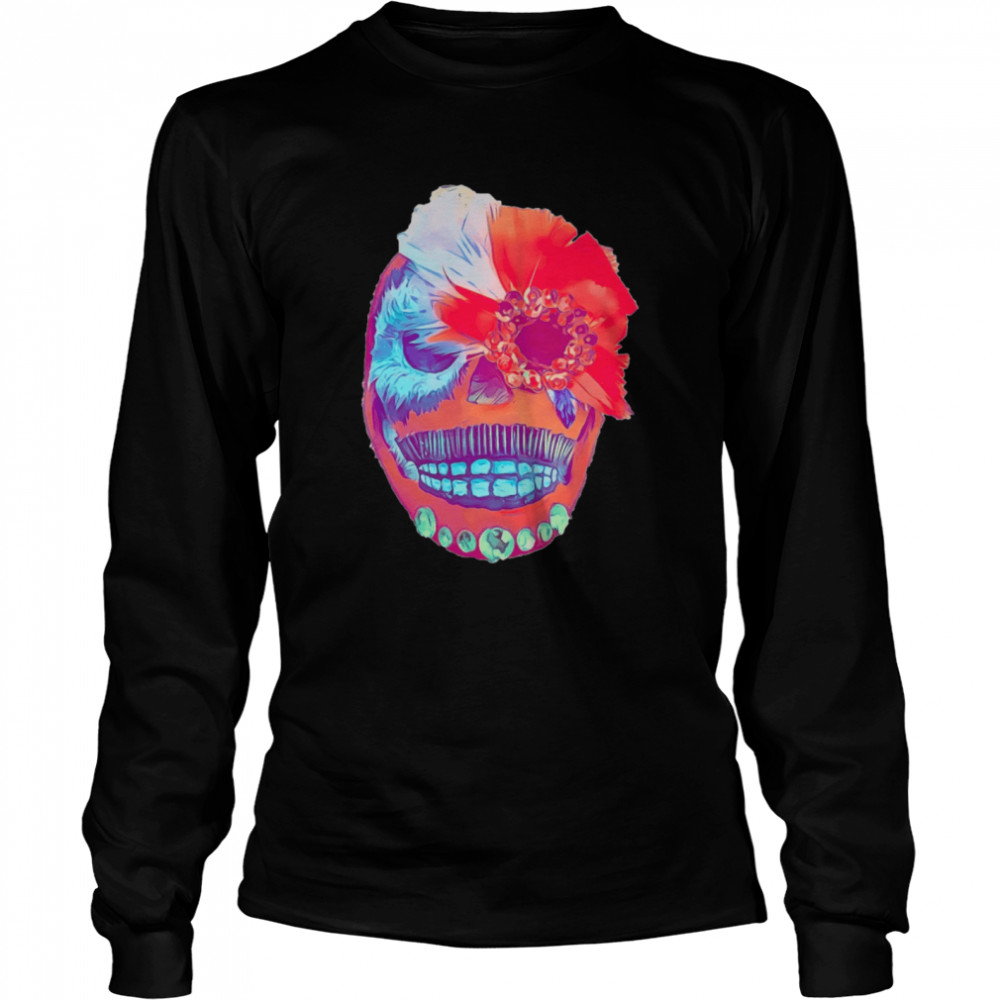 Skull Portrait Mexican Red Feather  Long Sleeved T-shirt