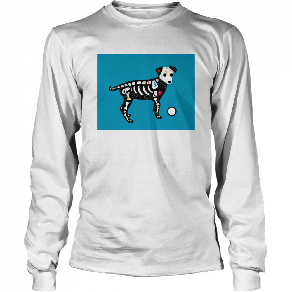 Skull Puppy On Blue Dia De Muertos  Long Sleeved T-shirt