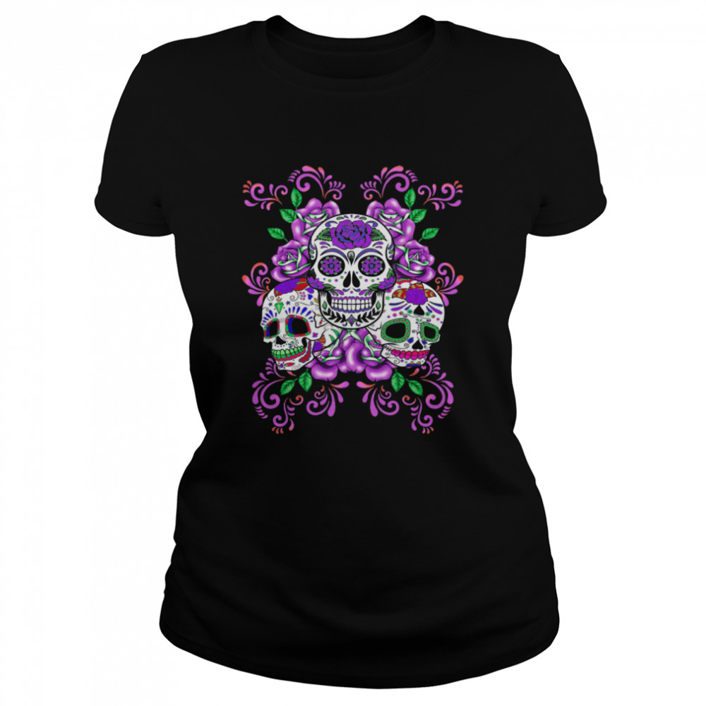 Skull Purple Floral Day Of The Dead Skulls  Classic Women's T-shirt