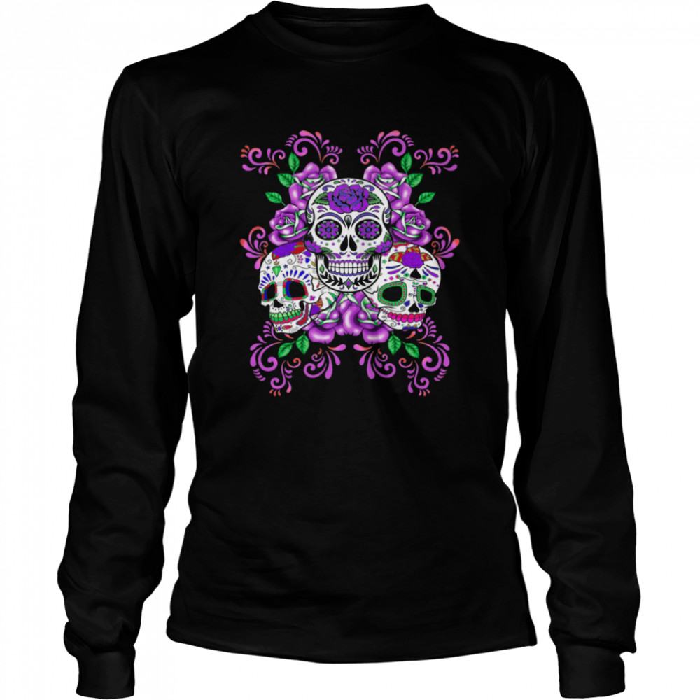 Skull Purple Floral Day Of The Dead Skulls  Long Sleeved T-shirt