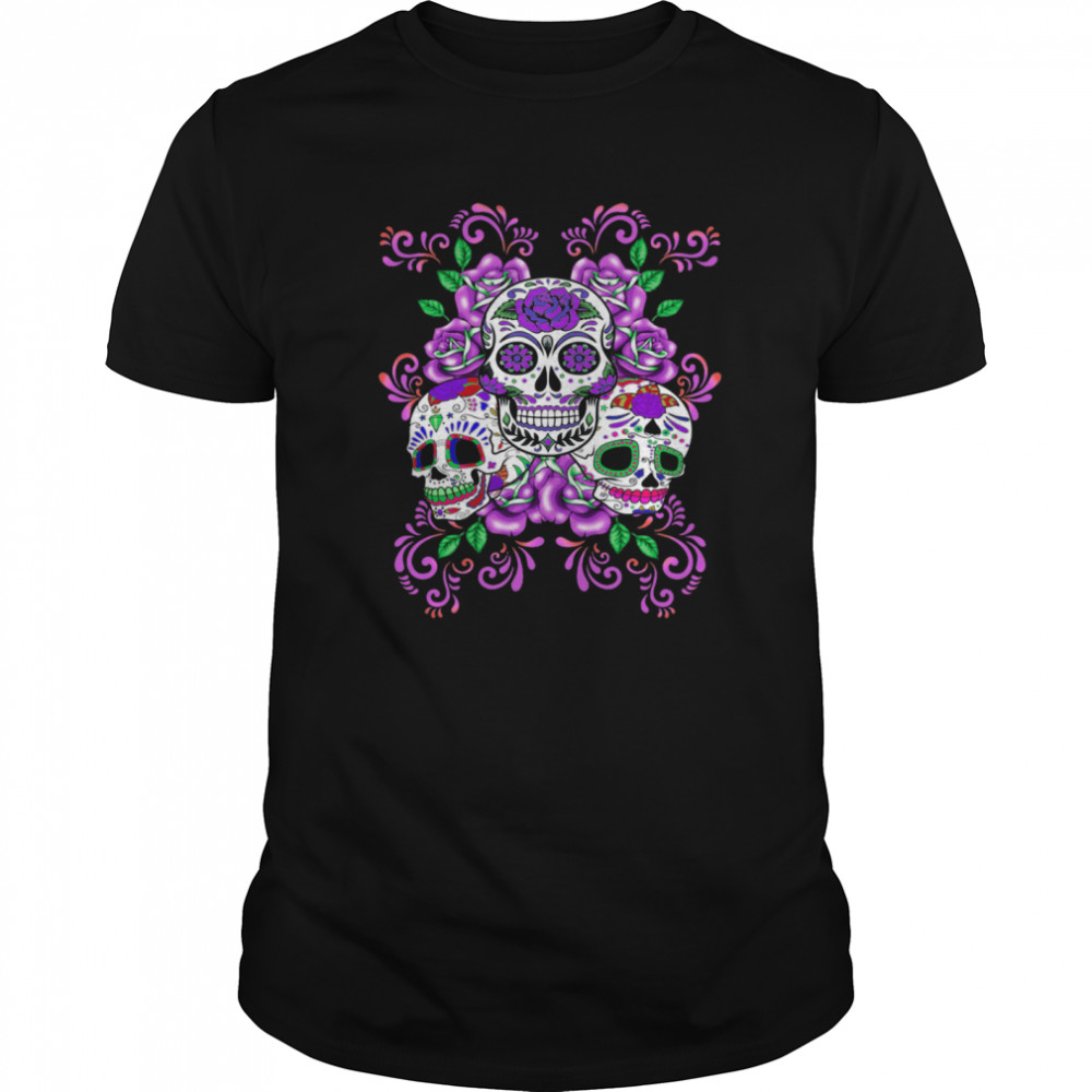 Skull Purple Floral Day Of The Dead Skulls  Classic Men's T-shirt