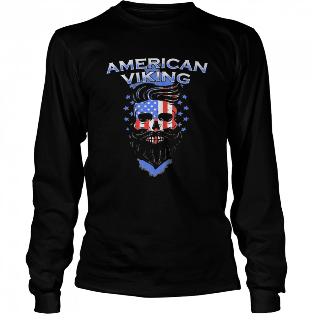 Skull beard american viking american flag  Long Sleeved T-shirt