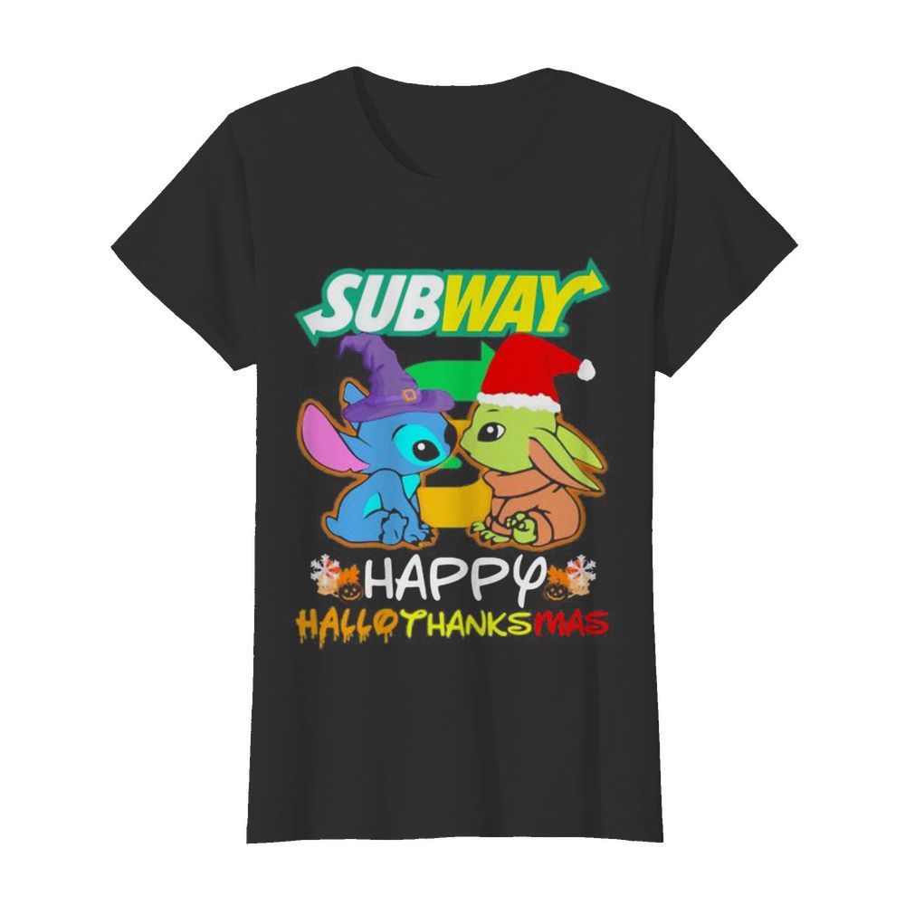 Stitch and baby yoda subway happy hallothanksmas halloween thanksgiving christmas  Classic Women's T-shirt