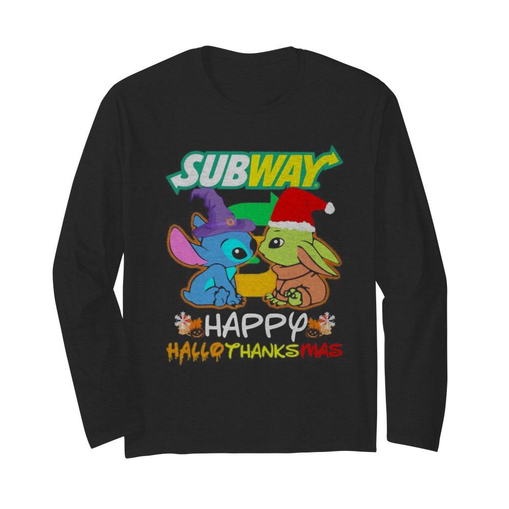 Stitch and baby yoda subway happy hallothanksmas halloween thanksgiving christmas  Long Sleeved T-shirt 