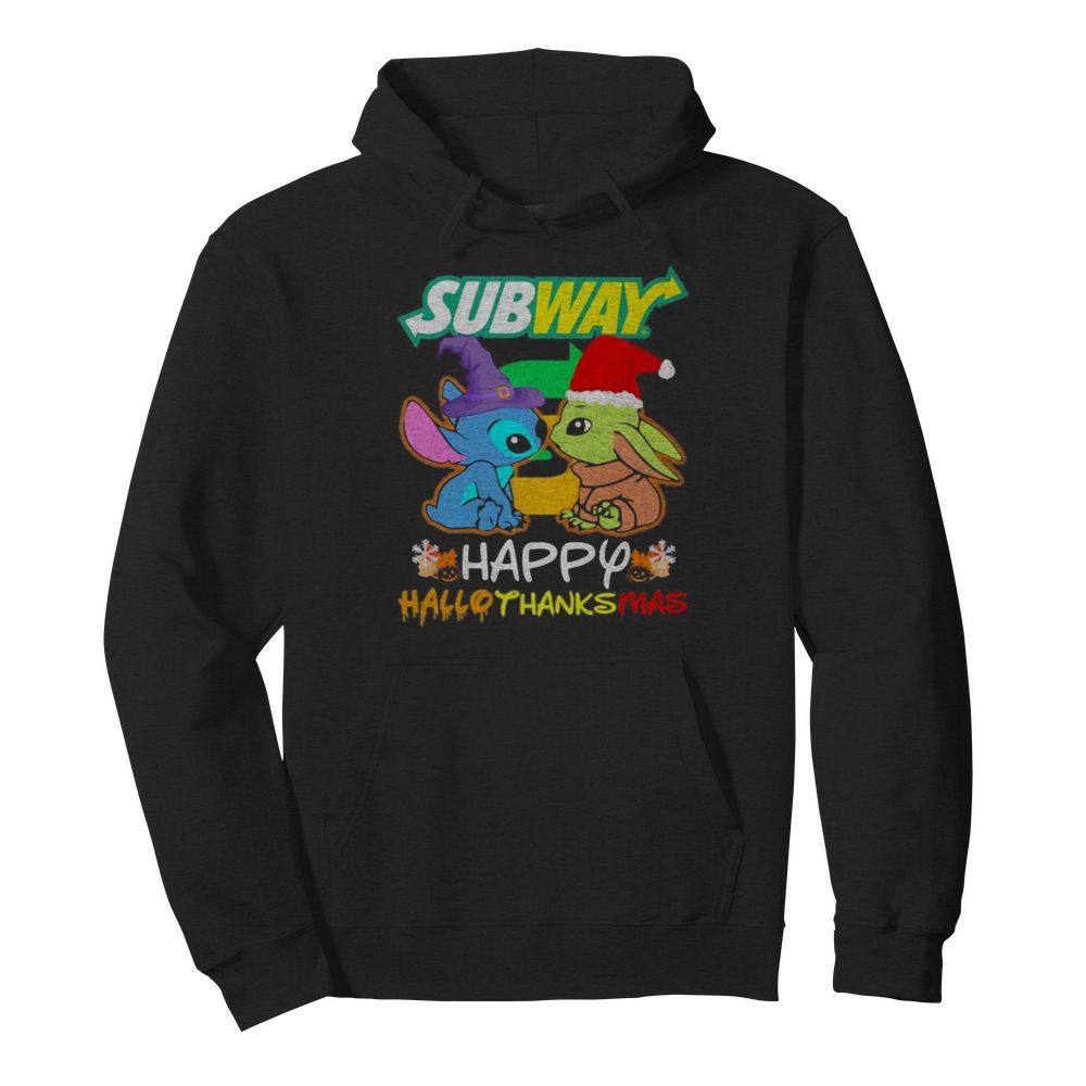 Stitch and baby yoda subway happy hallothanksmas halloween thanksgiving christmas  Unisex Hoodie