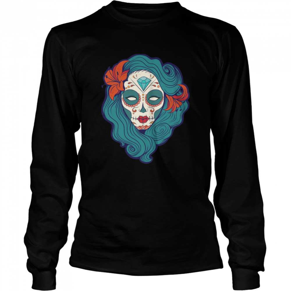 Sugar Skull Girl Day Of The Dead Dia De Muertos  Long Sleeved T-shirt