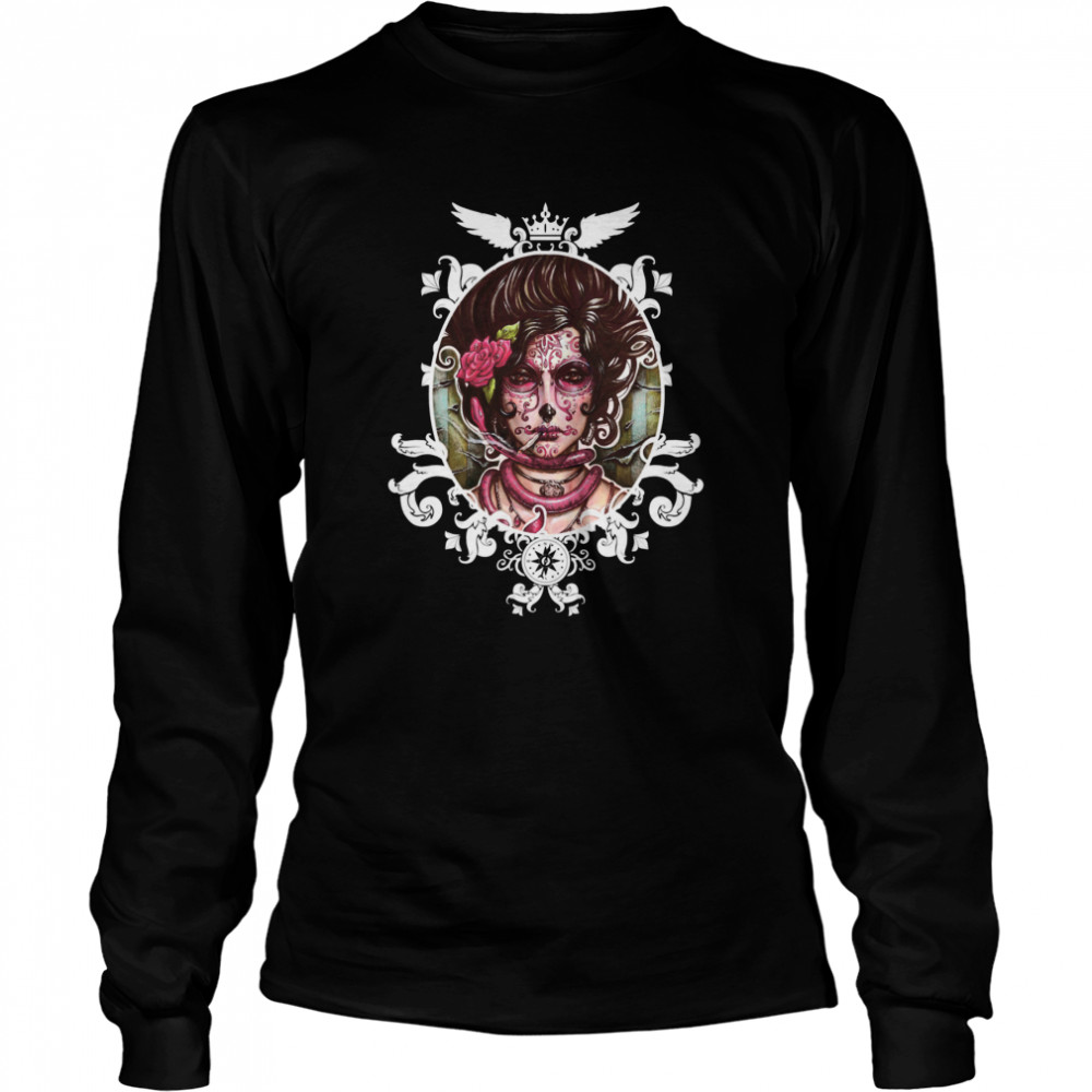 The Mexican Catrina Makeup And Sugar Skulls Dia De Los Muertos  Long Sleeved T-shirt