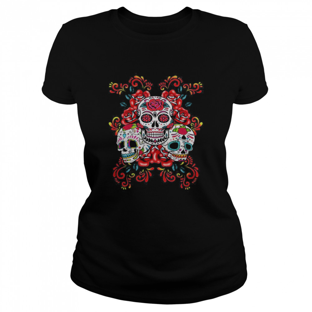 Triple Skull Red Floral Day Of The Dead Sugar Skulls  Classic Women's T-shirt