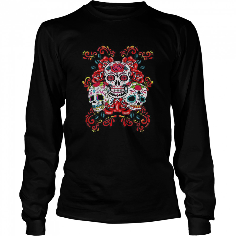 Triple Skull Red Floral Day Of The Dead Sugar Skulls  Long Sleeved T-shirt