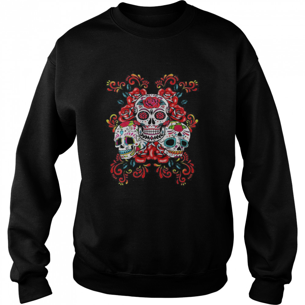 Triple Skull Red Floral Day Of The Dead Sugar Skulls  Unisex Sweatshirt