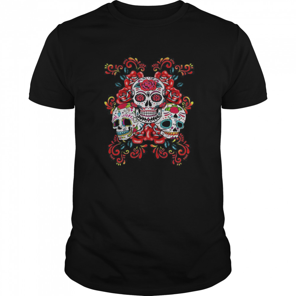 Triple Skull Red Floral Day Of The Dead Sugar Skulls  Classic Men's T-shirt