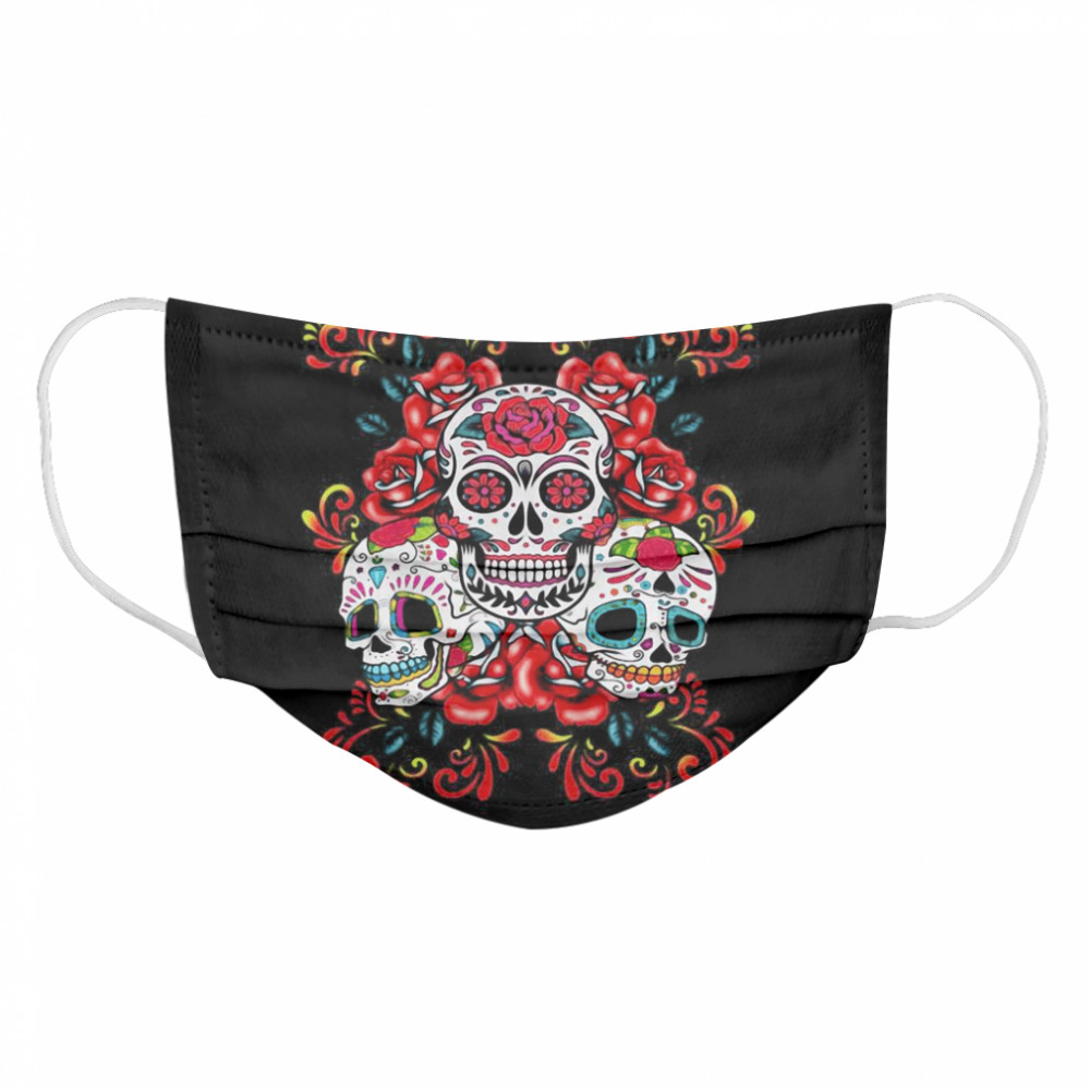 Triple Skull Red Floral Day Of The Dead Sugar Skulls  Cloth Face Mask