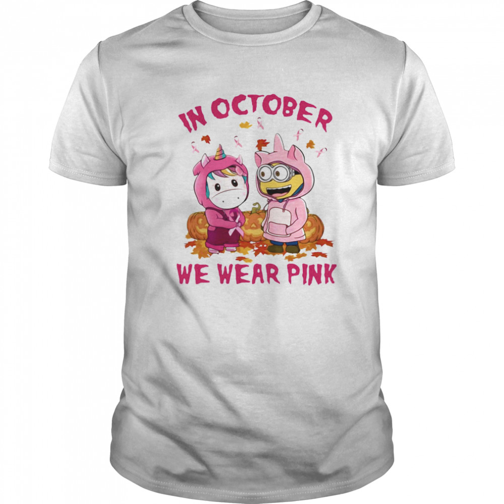 Unicorn And Minions Pumpkin In October We Wear Pink Halloween shirt