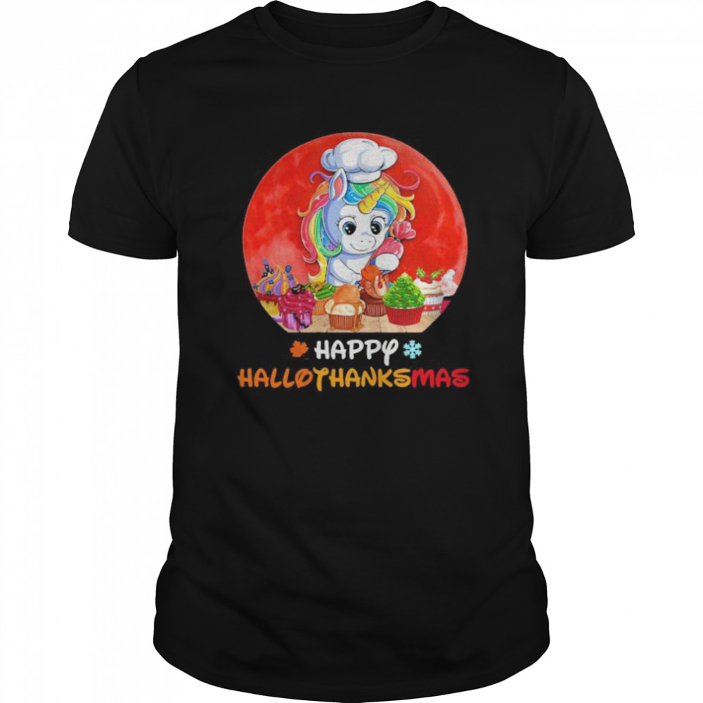 Unicorn happy hallothanksmas halloween thanksgiving christmas sunset shirt