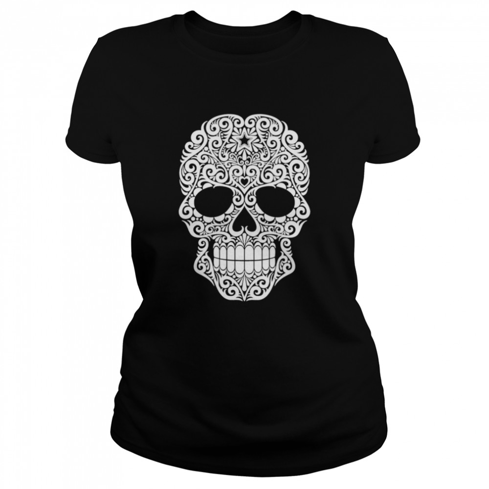 White Swirling Lines Sugar Skull Day Dead  Classic Women's T-shirt