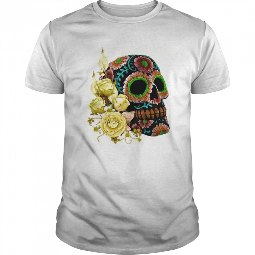 Yellow Floral Black Sugar Skull Day Of The Dead shirt