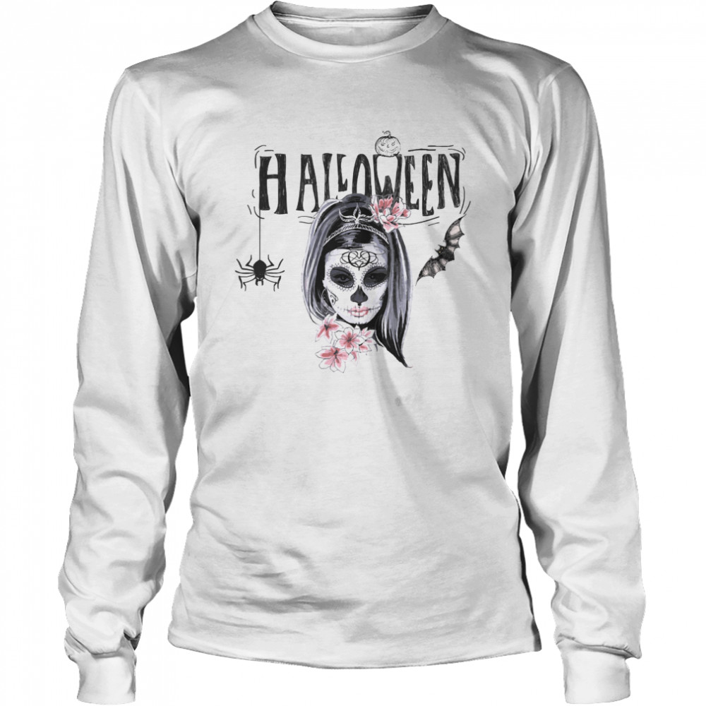 Halloween Sugar Skull Girl Day Of Dead Muertos  Long Sleeved T-shirt