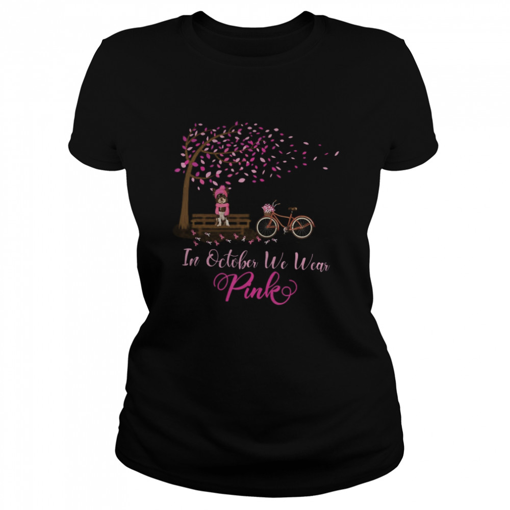 In October We Wear Pink Chihuahua Fall Leaves Breast Cancer  Classic Women's T-shirt