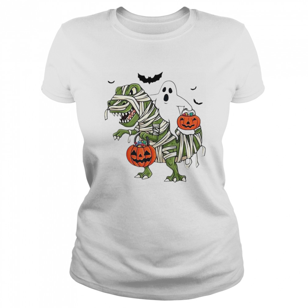 Premium Dinosaur T-rex And Ghost Halloween Pumpkin  Classic Women's T-shirt