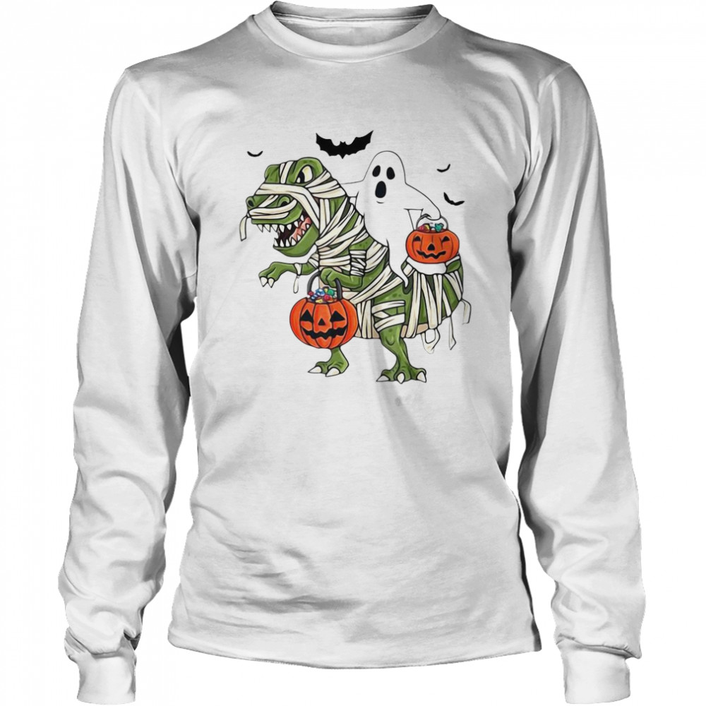 Premium Dinosaur T-rex And Ghost Halloween Pumpkin  Long Sleeved T-shirt