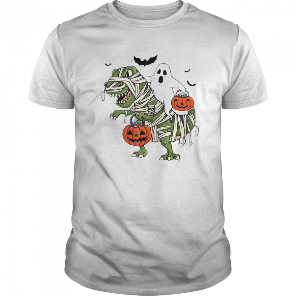 Premium Dinosaur T-rex And Ghost Halloween Pumpkin  Classic Men's T-shirt