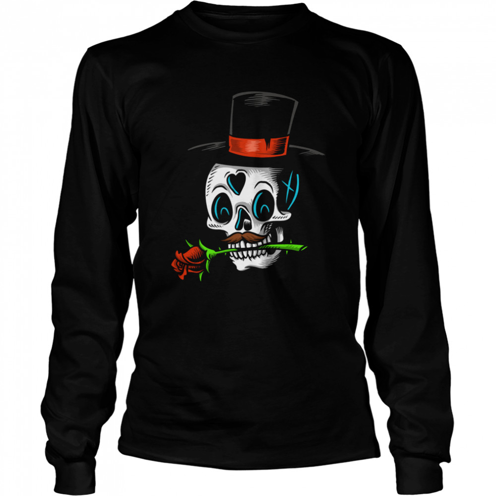 The Man With Rose Sugar Skull Dia De Muertos Day Of Dead  Long Sleeved T-shirt