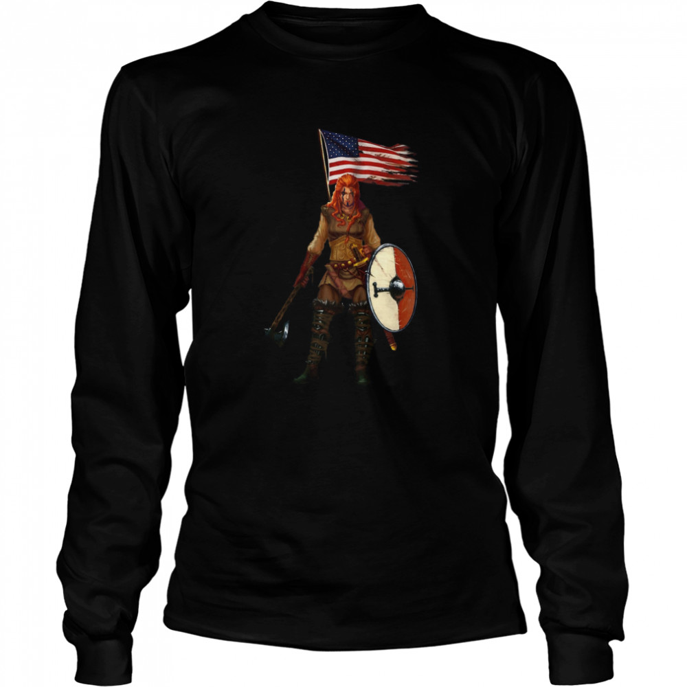 Viking Lady American Flag  Long Sleeved T-shirt