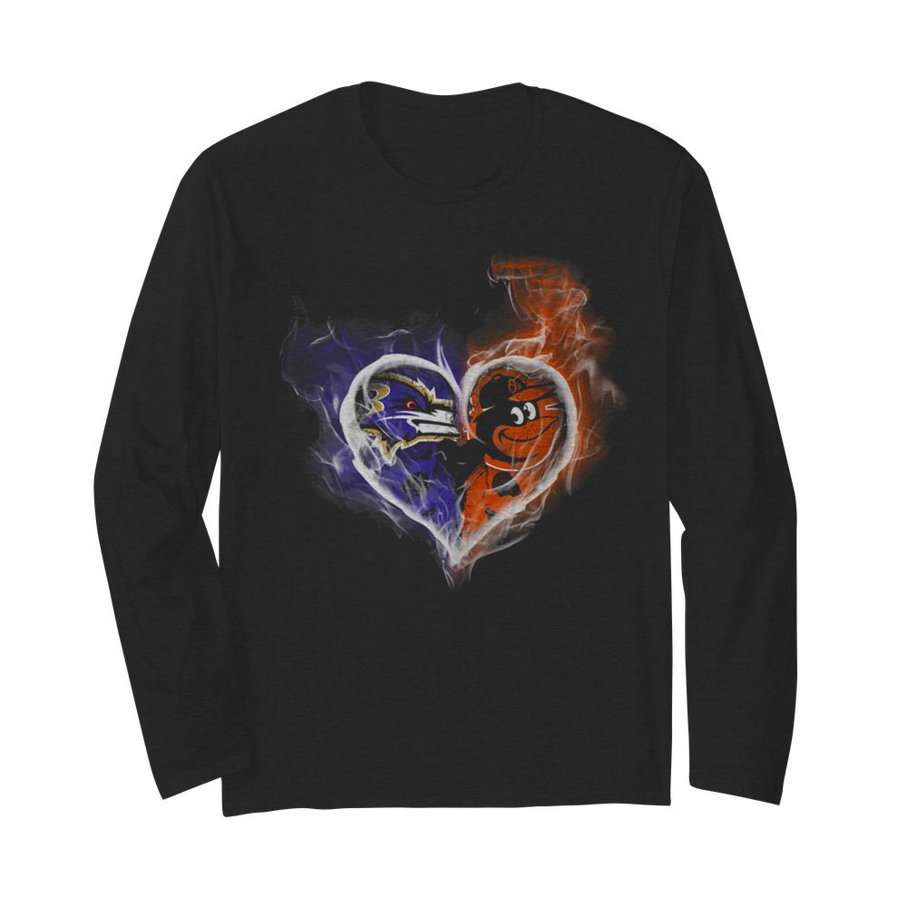 BALTIMORE RAVENS AND BALTIMORE ORIOLES SKULL LOVE  Long Sleeved T-shirt 