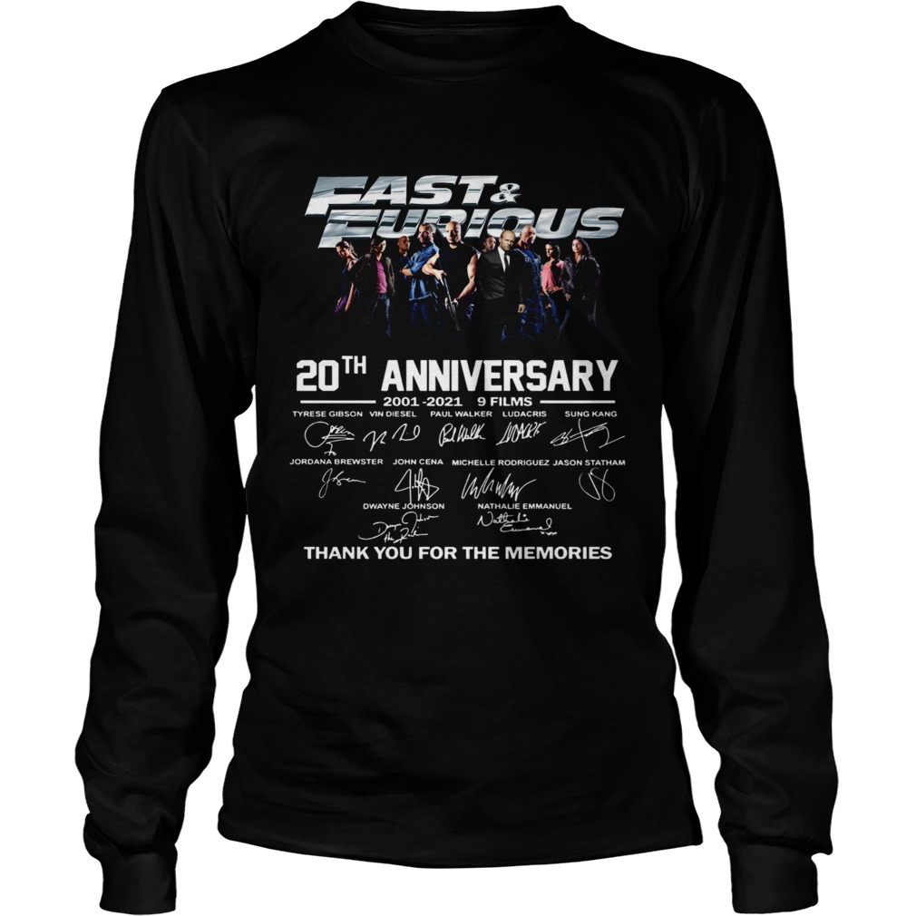 Fast And Furious 20th Anniversary 2001 2012 9 Films Thank You For The Memories Signature  Long Sleeve