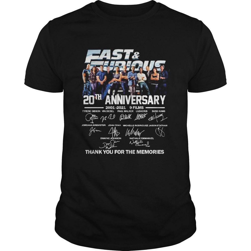 Fast and Furious 20th anniversary 2001 2021 9 films thank you for the memories shirt