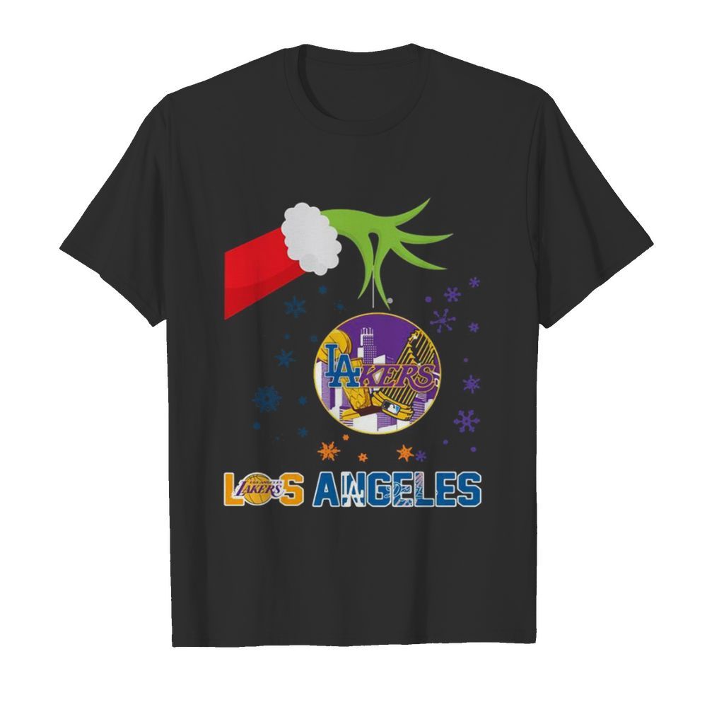 Grinch Hand Holding Lakers Los Angeles Christmas shirt