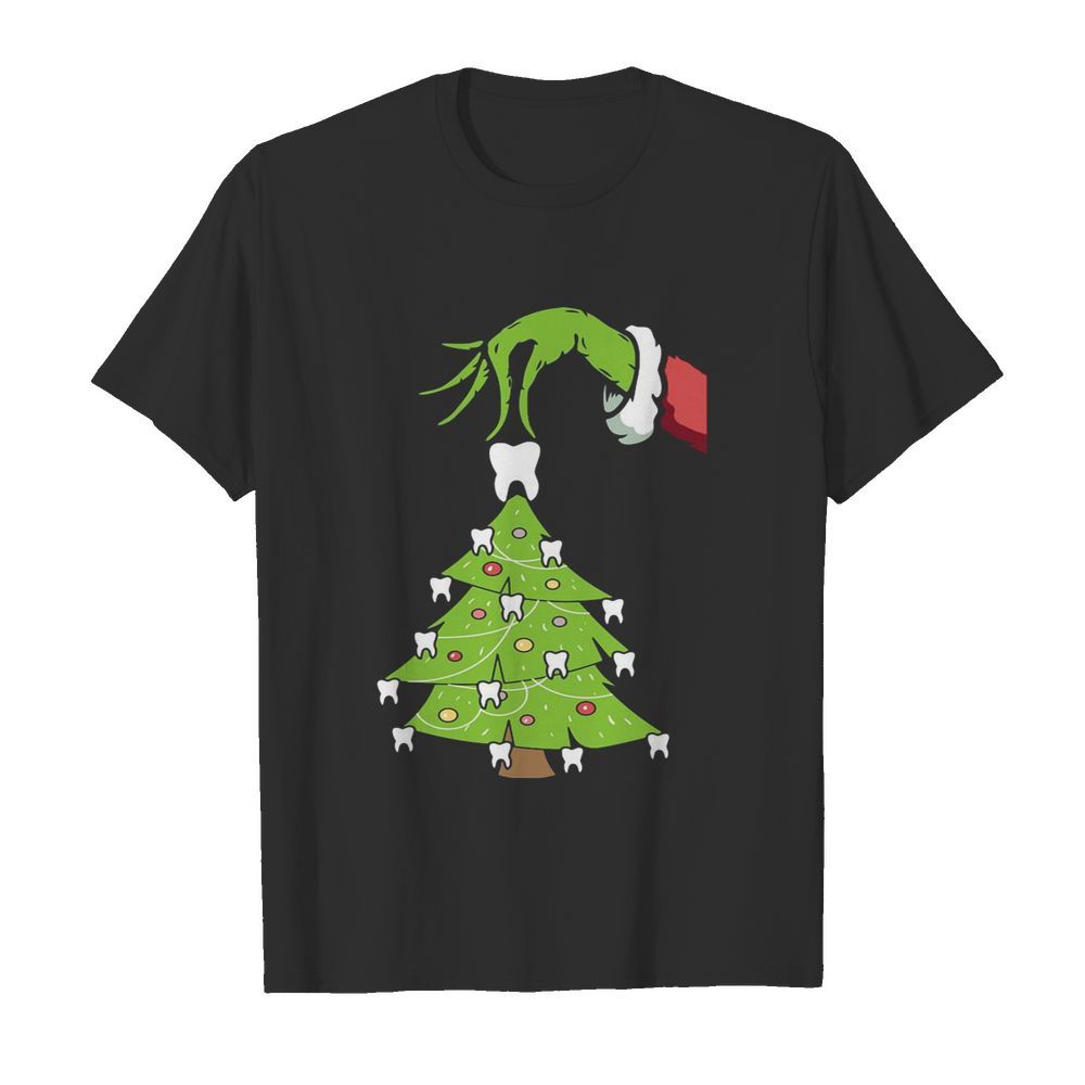 Grinch Hand Holding Tooth Dental Tree Christmas shirt