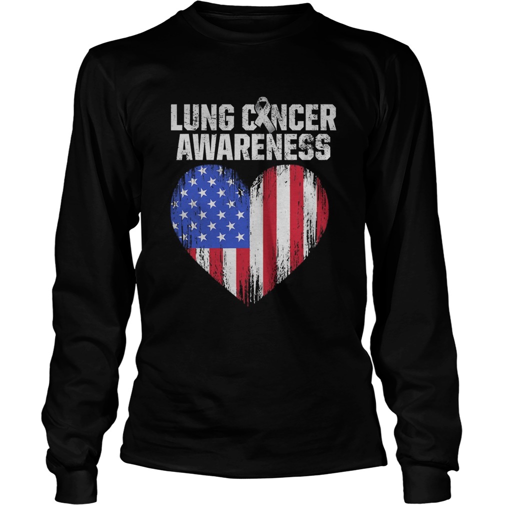 Lung Cancer Awareness Heart American Flag  Long Sleeve