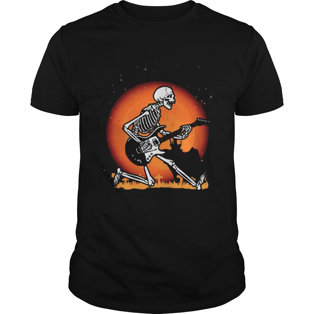 Skull playing guitar under moon Halloween shirt